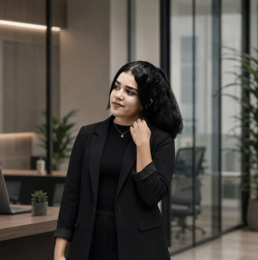 Best Freelance Social Media Marketer in Kollam, standing in a modern office wearing a black professional blazer.